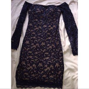 Navy Blue and Tan Sequin Off the Shoulder Dress